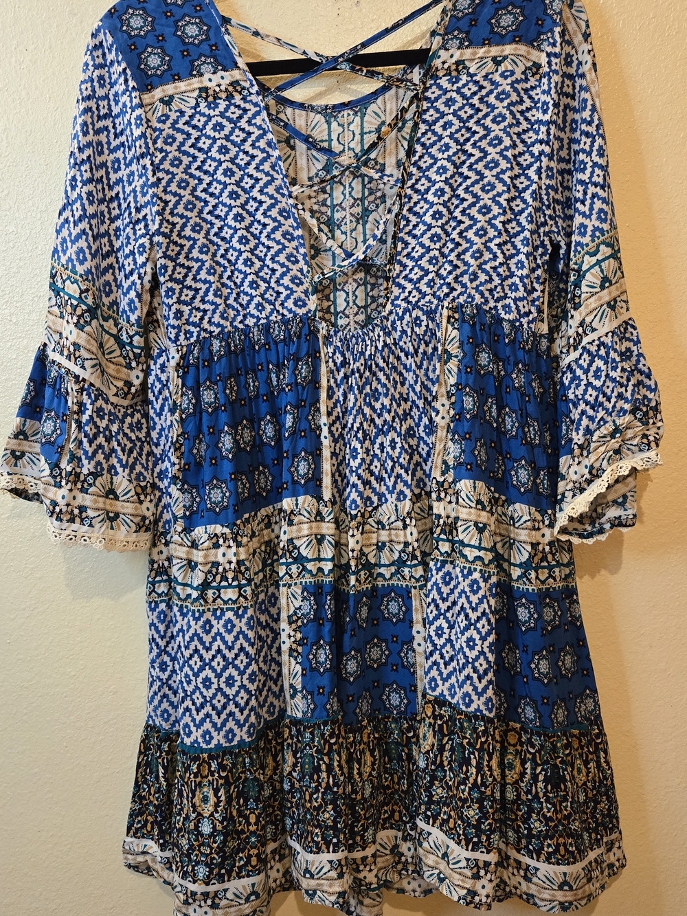 Umgee Mixed Print Blue Peasant Bohemian Tunic Dress with Crisscross Back Size S - Picture 13 of 14